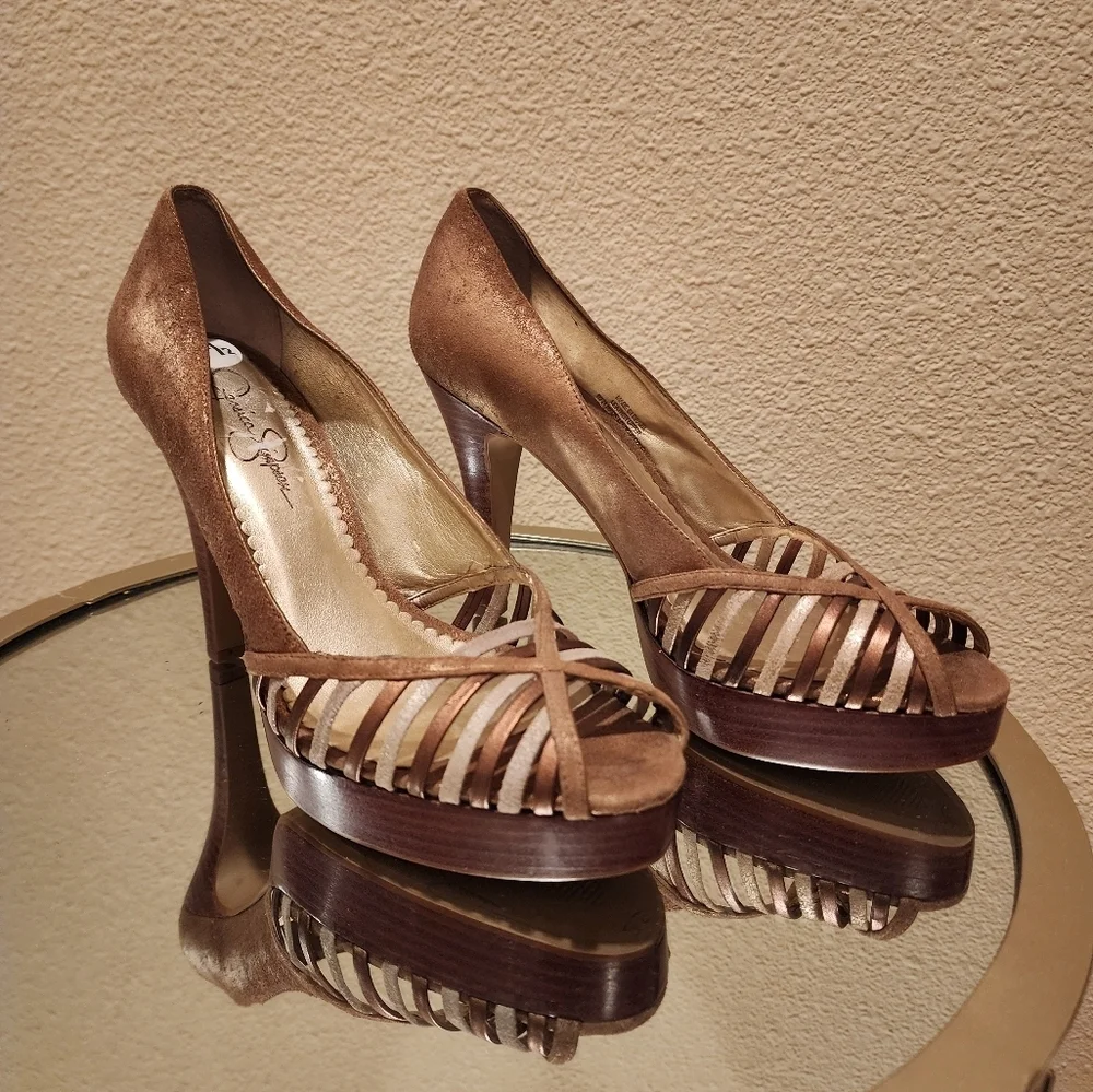 Jessica Simpson Leather Brown Gold Silver Heels Size 8.5B - Picture 2 of 7